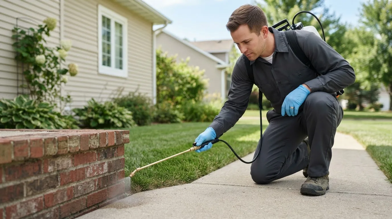 Pest control technician treating a home near Roe, AR