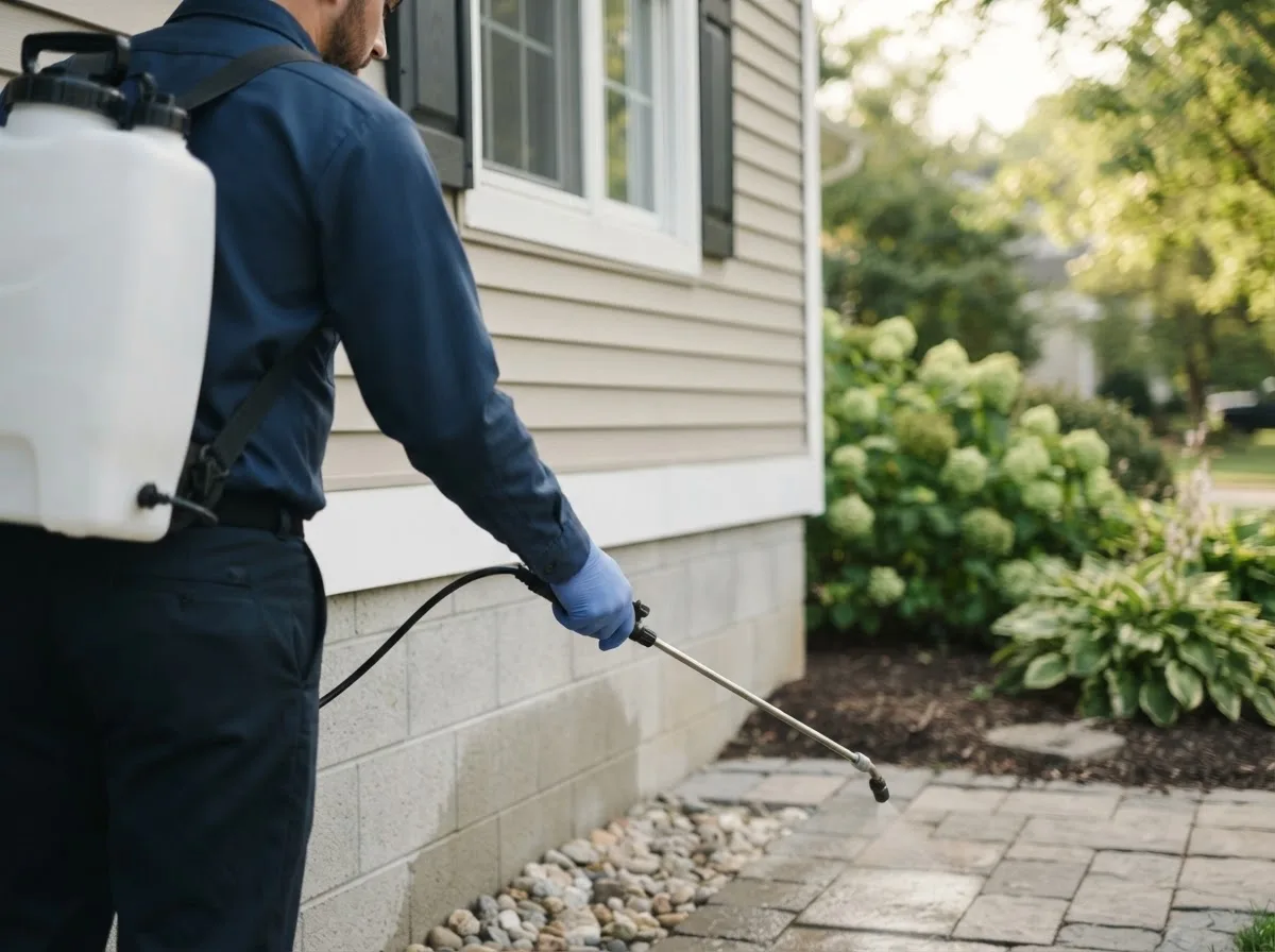 Pest control technician inspecting a home in Roe, AR